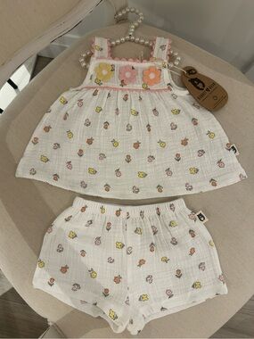🦢 6~9 Mth Organic Cotton Floral Muslin Crochet Two Piece Baby Set NWT